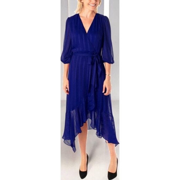Maison Tara Womens Blue High Low Quarter Sleeve Midi Wrap Dress NEW Size 16 - Picture 2 of 5
